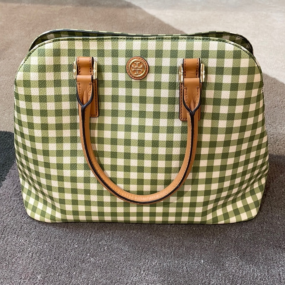 Tory Burch Kerrington Gingham Open Green Vinyl Tote